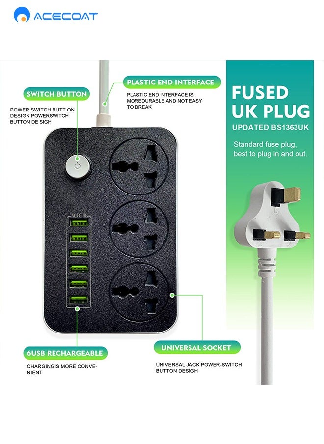 ACECOAT 9 in 1 Universal  Extension Lead with USB Ports 3 Way Outlets 6 USB Ports Surge Protection UK Socket with 2M Bold Extension Cord with Fuse and Shutter Power Strips Universal Socket, White/Black  - Image 3
