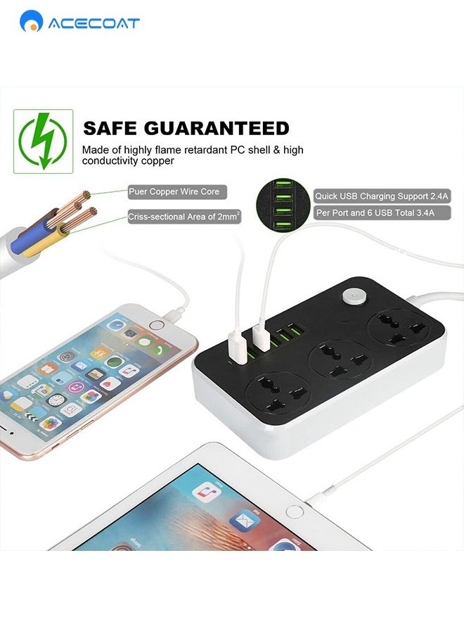 ACECOAT 9 in 1 Universal  Extension Lead with USB Ports 3 Way Outlets 6 USB Ports Surge Protection UK Socket with 2M Bold Extension Cord with Fuse and Shutter Power Strips Universal Socket, White/Black  - Image 5