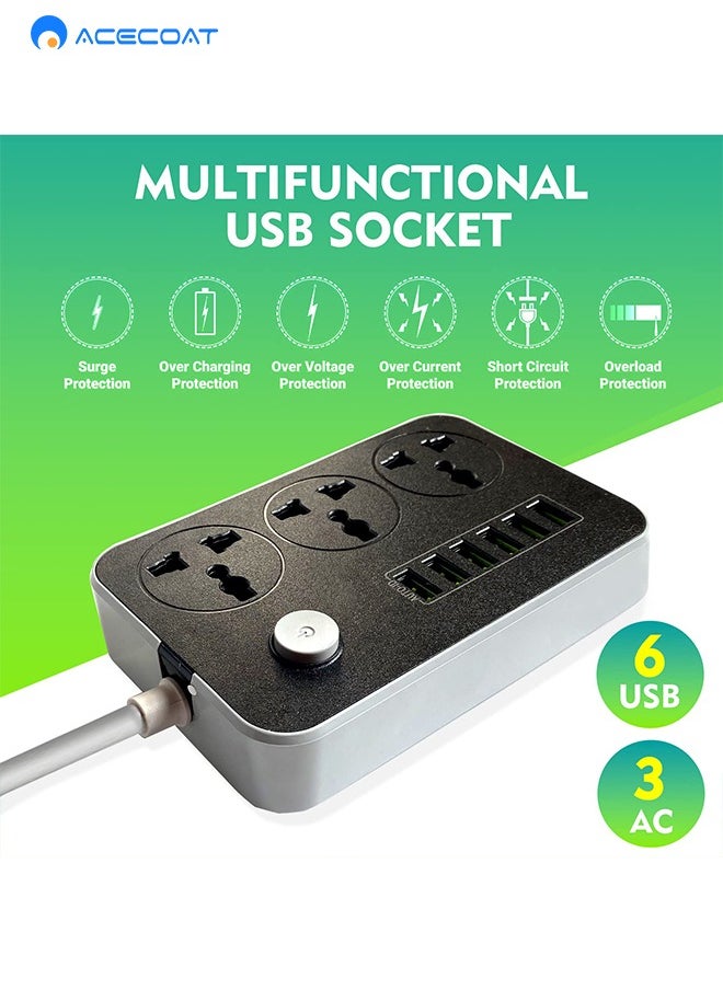 ACECOAT 9 in 1 Universal  Extension Lead with USB Ports 3 Way Outlets 6 USB Ports Surge Protection UK Socket with 2M Bold Extension Cord with Fuse and Shutter Power Strips Universal Socket, White/Black  - Image 2