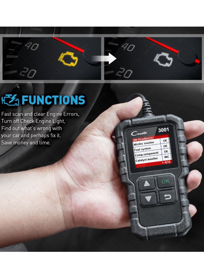 LAUNCH Creader 3001 OBD2 Scanner Automotive Car Diagnostic Tool, Check Engine Light O2 Sensor Systems OBD Code Readers Scan Tools