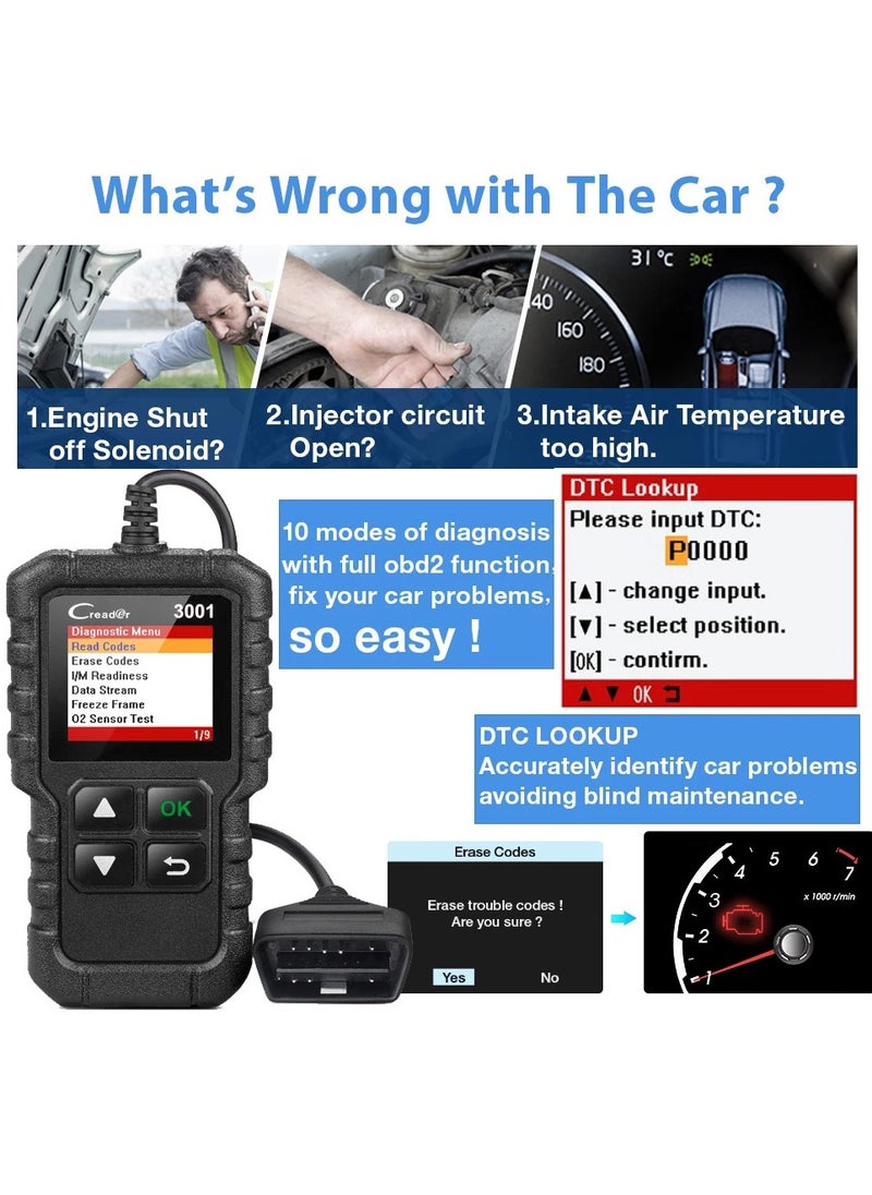 LAUNCH Creader 3001 OBD2 Scanner Automotive Car Diagnostic Tool, Check Engine Light O2 Sensor Systems OBD Code Readers Scan Tools