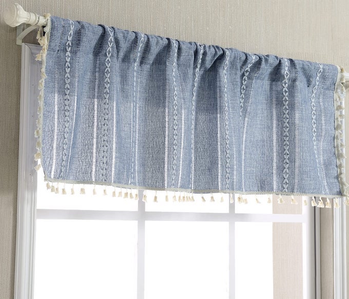 Boho Kitchen Valances for Windows Embroidered French Striped Farmhouse Vintage Chic Textured Tassel Curtain Valances for Bathroom Living Room Bohemian Decor 18L x 52W Blue