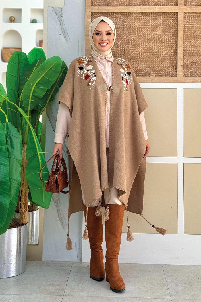 Bym Fashion Single Button Front Shoulder Embroidery Detailed Knitwear Poncho 12031 Mink  - Image 1