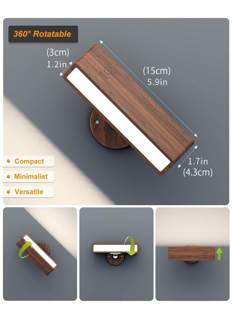 لوبيتيز ضوء الجدار بدون اتصال الطاقة ، بطارية مصباح الجدار داخلي LED ضوء الجدار اللاسلكي قابل للتخفيف لمس التحكم في السرير مصباح 360 درجة بطارية دوارة قراءة مصباح الخشب لغرفة المعيشة ، غرفة النوم ، مصباح جنب السرير - Image 2