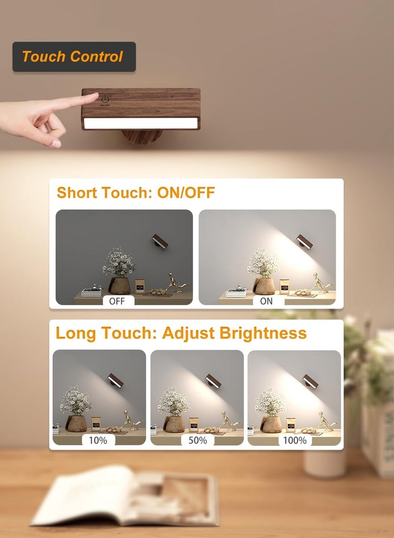 لوبيتيز ضوء الجدار بدون اتصال الطاقة ، بطارية مصباح الجدار داخلي LED ضوء الجدار اللاسلكي قابل للتخفيف لمس التحكم في السرير مصباح 360 درجة بطارية دوارة قراءة مصباح الخشب لغرفة المعيشة ، غرفة النوم ، مصباح جنب السرير - Image 5