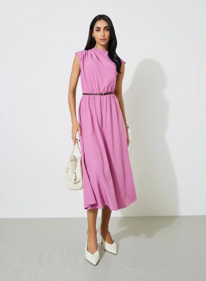 ستايلي Pink Solid Sleeveless A-Line Midi Dress with Belt
