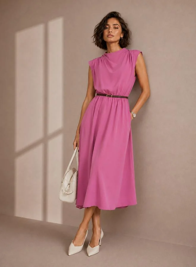 ستايلي Pink Solid Sleeveless A-Line Midi Dress with Belt