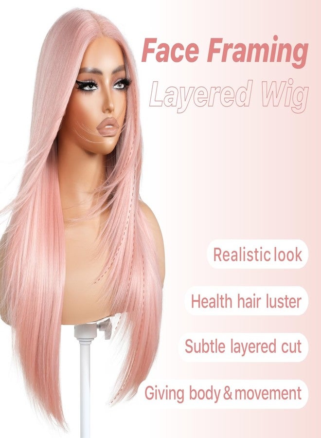 BrownBomb Pink Wear and Go Glueless Wigs Light Pink Synthetic Lace Front Wigs Pre Plucked Pre Cut Long Layered Straight Wigs with Curtain Bangs For Woman middle Part Wig 26 Inch for Beginners - Image 2