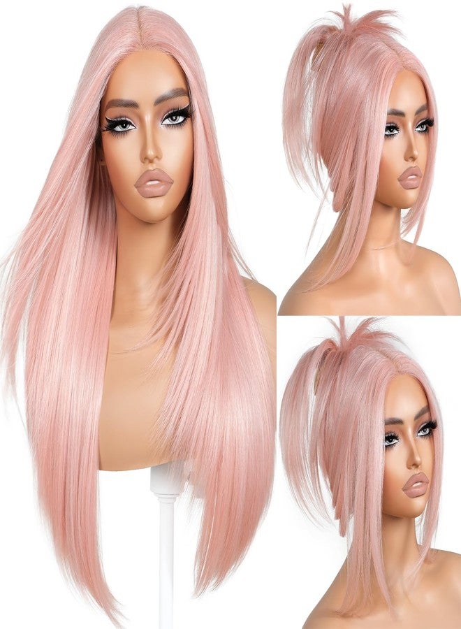 BrownBomb Pink Wear and Go Glueless Wigs Light Pink Synthetic Lace Front Wigs Pre Plucked Pre Cut Long Layered Straight Wigs with Curtain Bangs For Woman middle Part Wig 26 Inch for Beginners - Image 1