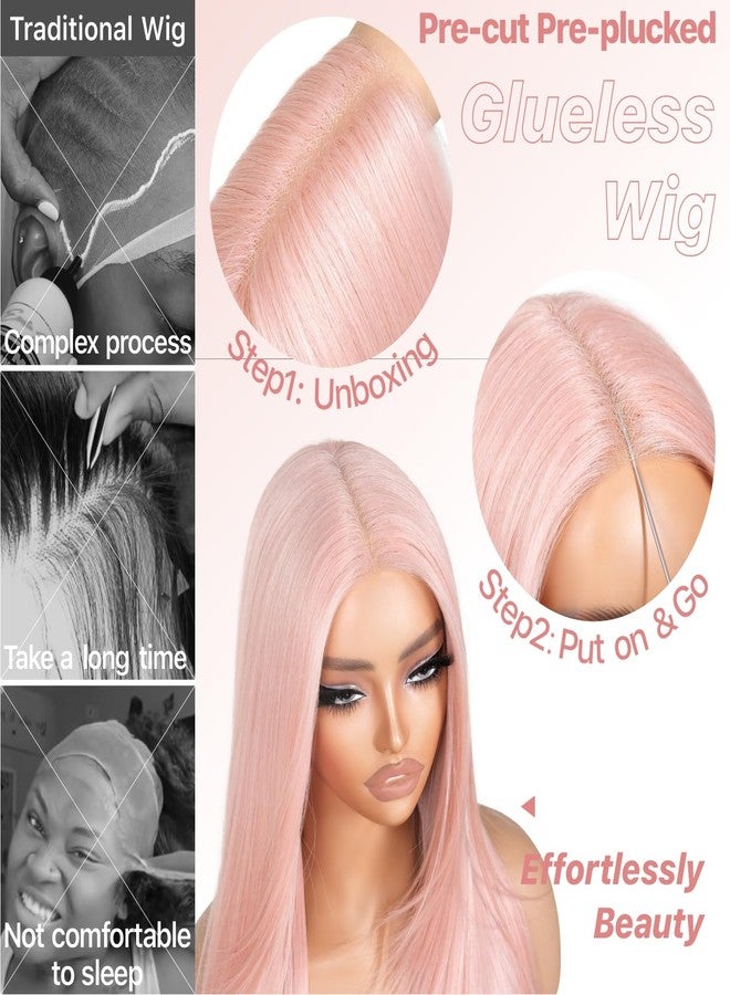 BrownBomb Pink Wear and Go Glueless Wigs Light Pink Synthetic Lace Front Wigs Pre Plucked Pre Cut Long Layered Straight Wigs with Curtain Bangs For Woman middle Part Wig 26 Inch for Beginners - Image 4