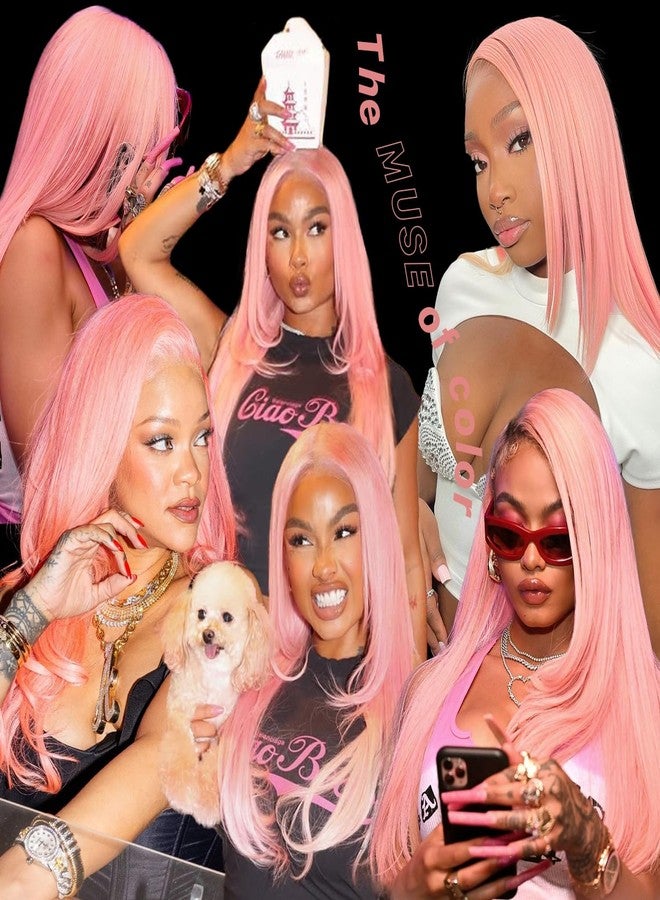 BrownBomb Pink Wear and Go Glueless Wigs Light Pink Synthetic Lace Front Wigs Pre Plucked Pre Cut Long Layered Straight Wigs with Curtain Bangs For Woman middle Part Wig 26 Inch for Beginners - Image 3