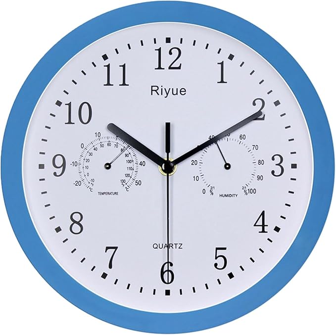 Blue Round Wall Clock 10 Inch with Hygrometer for Indoor Bedroom Kitchen Decor - Image 1