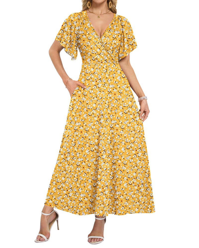 AUSELILY Maxi Dresses Women 2026 Summer Long Flowy Wrap Dress Ruffle Sleeve Deep V Neck Floral Beach Dress with Pockets Yellow Flower L - Image 1