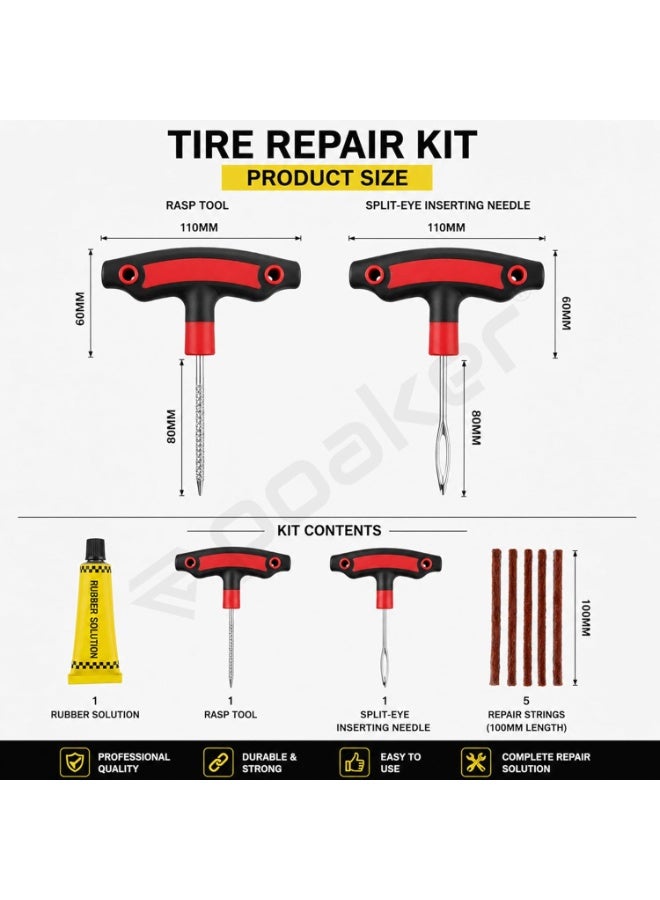 Poaker Tire Repair Kit for Tubeless Tires – Portable Puncture Repair Tool Set with Rasp Tool, Inserting Needle, Rubber Solution & 5 Repair Strings for Car & Bike - Image 2