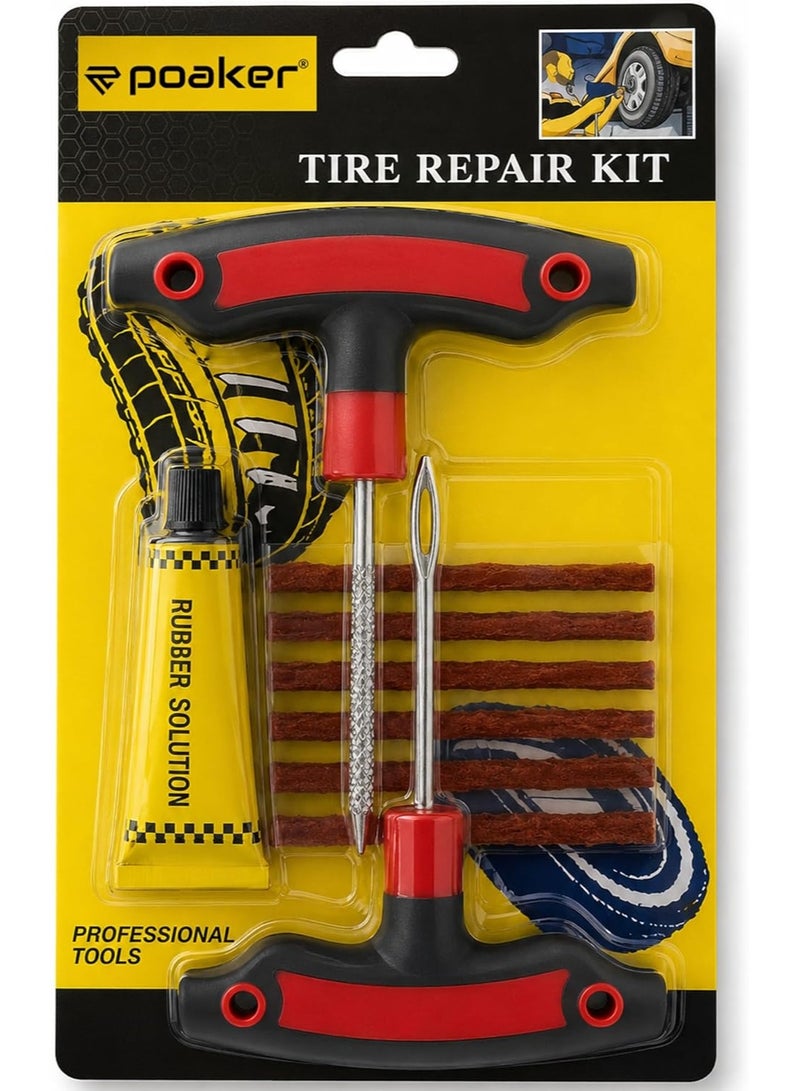 Poaker Tire Repair Kit for Tubeless Tires – Portable Puncture Repair Tool Set with Rasp Tool, Inserting Needle, Rubber Solution & 5 Repair Strings for Car & Bike - Image 1