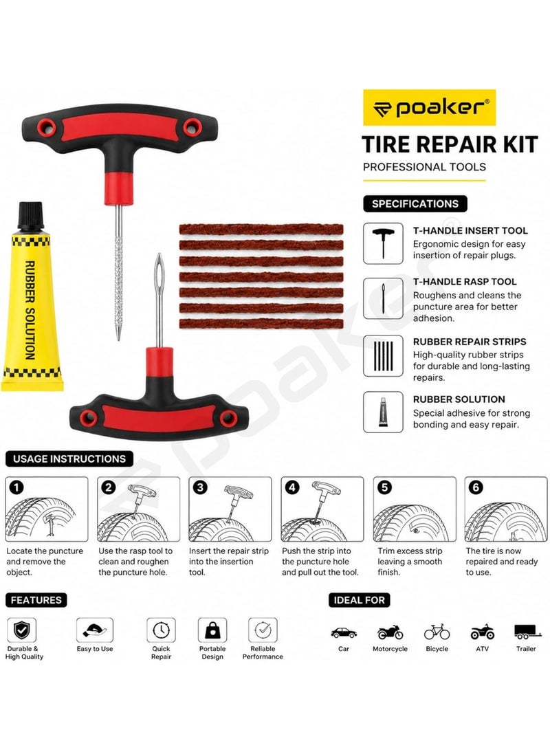 Poaker Tire Repair Kit for Tubeless Tires – Portable Puncture Repair Tool Set with Rasp Tool, Inserting Needle, Rubber Solution & 5 Repair Strings for Car & Bike - Image 3
