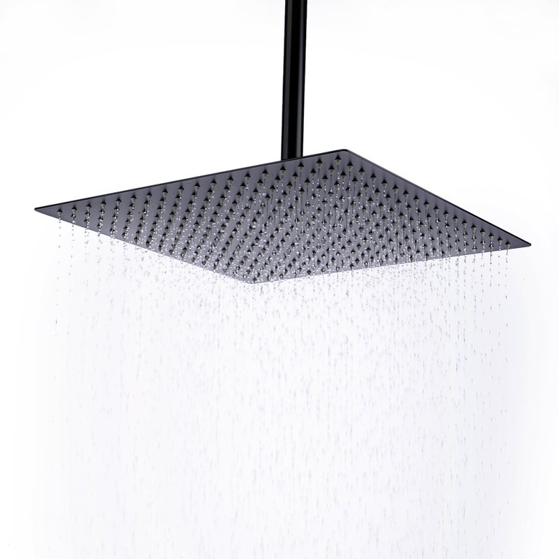 Shower Head16 Inch Ultra Thin High Pressure Fixed Rain Showerhead Matte Black with Silicone Nozzle Adjustable Metal Swivel Ball Joint For the Best Relaxation and Spa