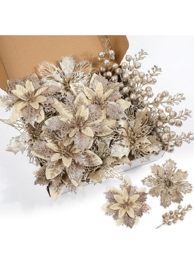 Sawowkuya 22 Pcs Champagne Christmas Poinsettia Artificial Flowers and Glitter Berries Stems Kit, Christmas Poinsettias Decorations and Christmas Tree Ornaments for Xmas Home Wedding Holiday Tree Decor  - Image 1