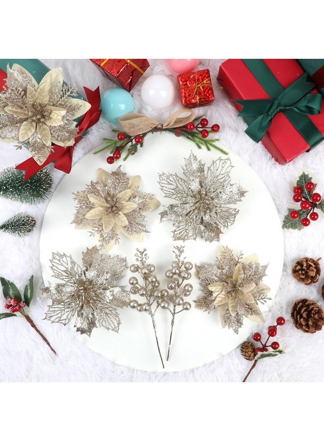 Sawowkuya 22 Pcs Champagne Christmas Poinsettia Artificial Flowers and Glitter Berries Stems Kit, Christmas Poinsettias Decorations and Christmas Tree Ornaments for Xmas Home Wedding Holiday Tree Decor  - Image 4