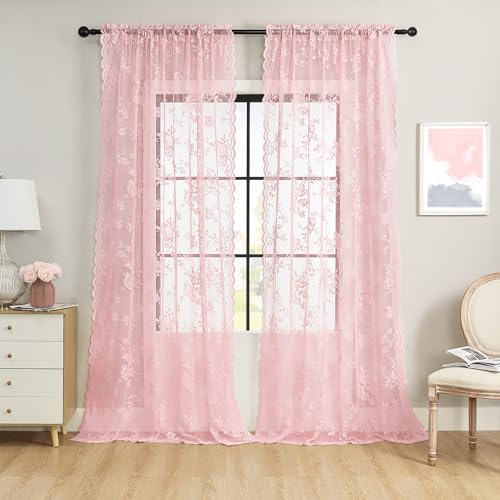 SEEKRIGHT Light Pink Lace Curtains 84 Inches Long 2 Panels Romantic Flower Sheer Curtains for Living Room Bedroom Cute Decor Rod Pocket Light Filtering Lace Window Curtains for Kids Girls Nursery Room 52x84 - Image 3