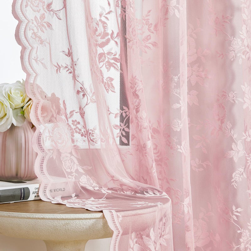 SEEKRIGHT Light Pink Lace Curtains 84 Inches Long 2 Panels Romantic Flower Sheer Curtains for Living Room Bedroom Cute Decor Rod Pocket Light Filtering Lace Window Curtains for Kids Girls Nursery Room 52x84 - Image 2