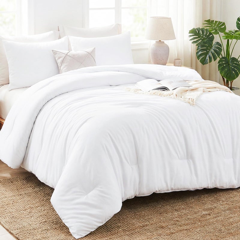 CozyLux White Queen Comforter Set, 3 Pieces Solid Breathable Quilted Boho Style Bedding Sets, Luxury Fluffy Soft Bed Set with Down Alternative Comforter for All Season (1 Comforter & 2 Pillowcases) - Image 1
