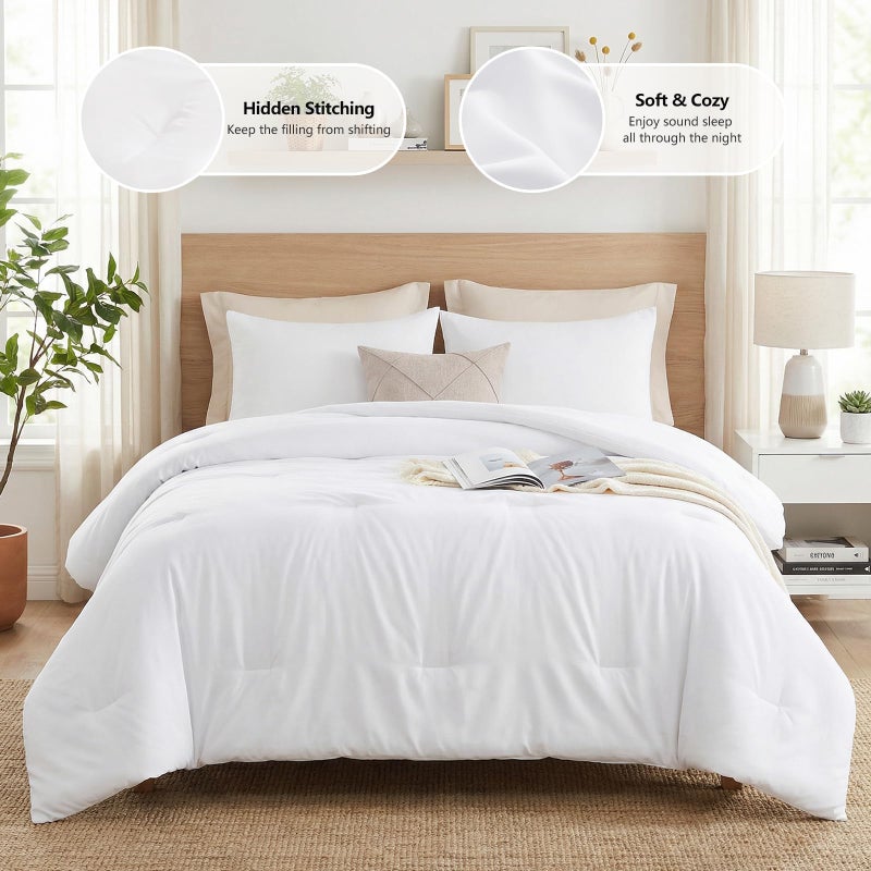 CozyLux White Queen Comforter Set, 3 Pieces Solid Breathable Quilted Boho Style Bedding Sets, Luxury Fluffy Soft Bed Set with Down Alternative Comforter for All Season (1 Comforter & 2 Pillowcases) - Image 2