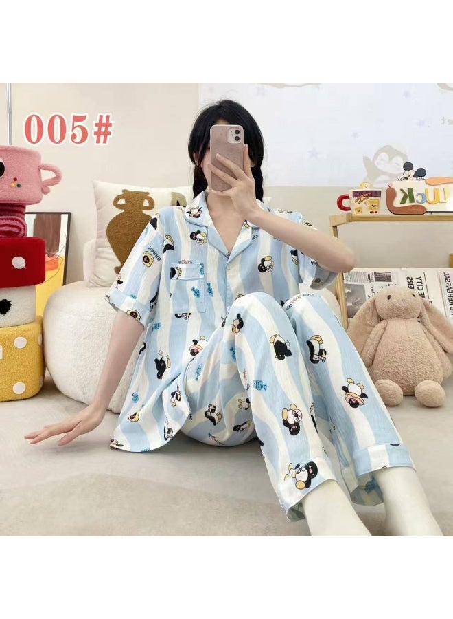 Korean Style Women's Cotton Pajama Set, Soft Cloud Cotton Sleepwear, Short Sleeve Button-Up Top & Long Pants, Free Size