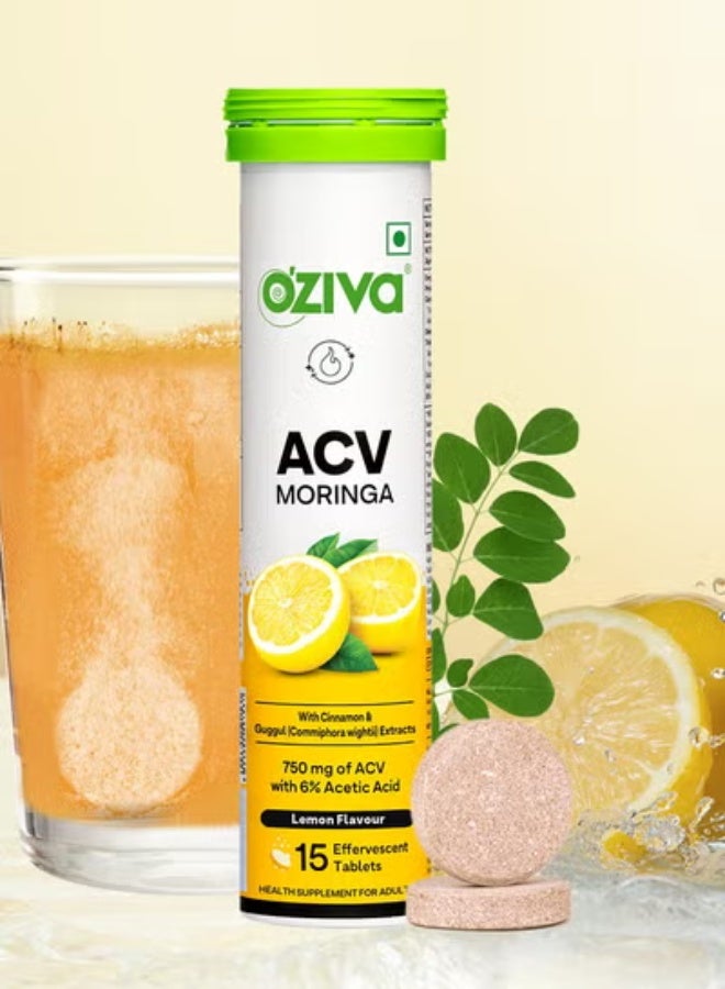 OZiva ACV Moringa | Control Cravings | Apple Cider Vinegar, Cinnamon, Guggul | No Maltodextrin & No Added Sugar - Lemon, Pack of 8 (120 Tablets) - Image 3