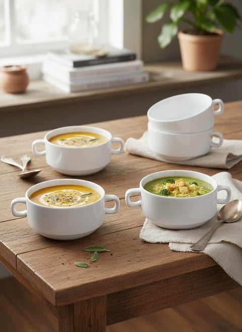 6-Piece Porcelain Soup Bowl With Double Handle Set White 4.25 inch