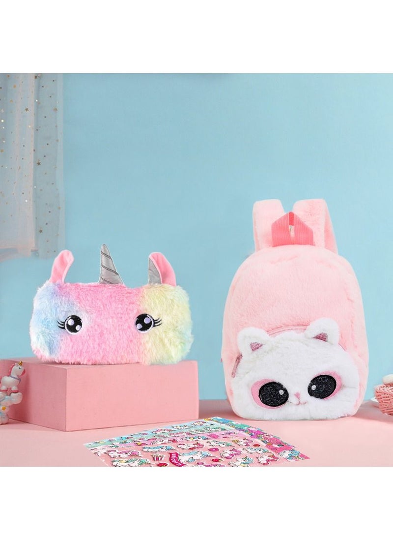 Excellence - Fluffy Unicorn Backpack Set Rainbow Plush Bag with Matching Purse  with Bonus Stickers Soft Toy Perfect Stylish School Supplies for Girls and Kids Great Dream Gift - Image 1