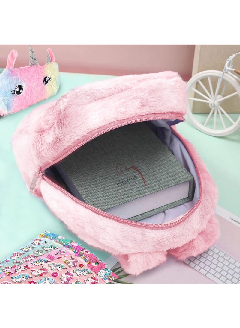 Excellence - Fluffy Unicorn Backpack Set Rainbow Plush Bag with Matching Purse  with Bonus Stickers Soft Toy Perfect Stylish School Supplies for Girls and Kids Great Dream Gift - Image 1