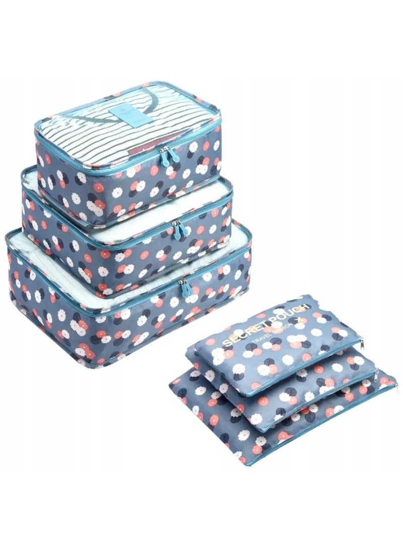 مجموعة تنظيم شنطة السفر من 3 منظمات مكعبة و3 شنط تخزين صغيرة ملائمة لتخزين وتنظيم الملابس والاحذية والشرابات والملابس الداخلية ومستحضرات التجميل مزينة بطباعة ازهار من 6 قطع - Image 1