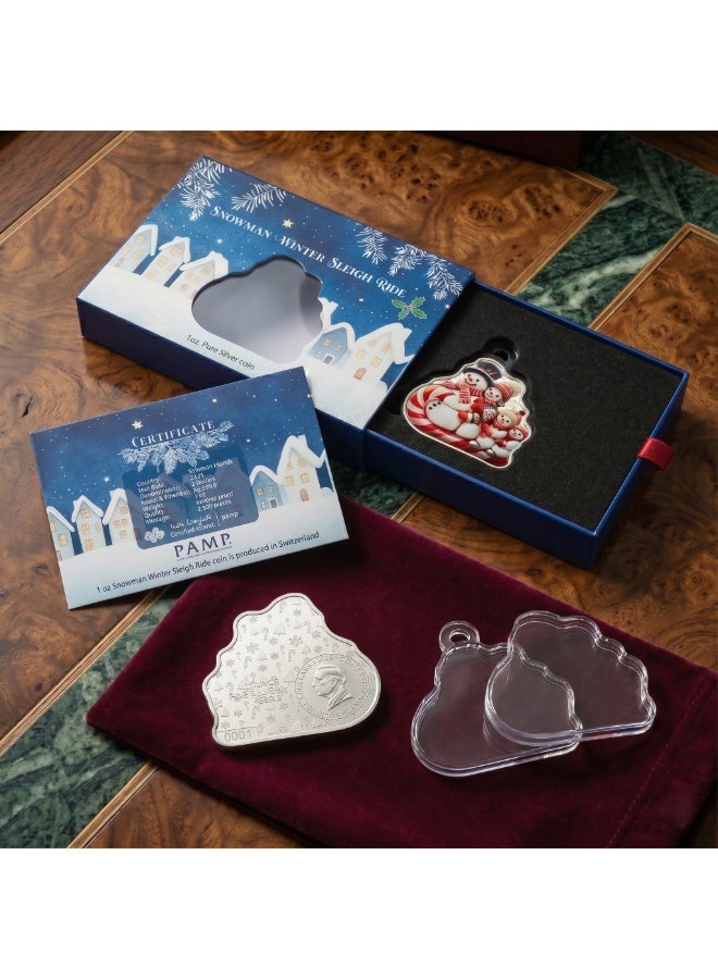 PAMP 2025 Snowman Sleigh Ride – 1oz Silver Colorized Shaped Coin - Image 3