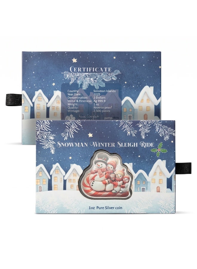 PAMP 2025 Snowman Sleigh Ride – 1oz Silver Colorized Shaped Coin - Image 1