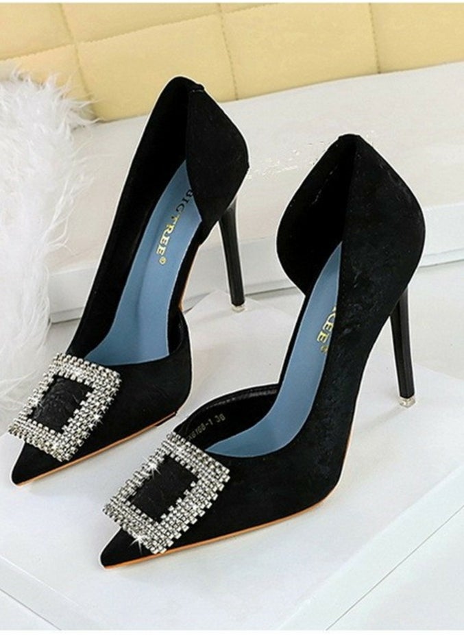 BIGTREE Women's Elegant Closed Pointed Toe High Heels Rhinestone Square Buckle Decoration Stiletto Pumps Black 10.5CM  - Image 1