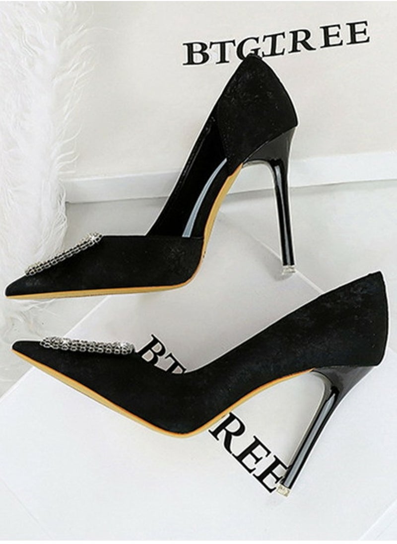 BIGTREE Women's Elegant Closed Pointed Toe High Heels Rhinestone Square Buckle Decoration Stiletto Pumps Black 10.5CM  - Image 3