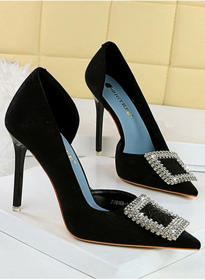 BIGTREE Women's Elegant Closed Pointed Toe High Heels Rhinestone Square Buckle Decoration Stiletto Pumps Black 10.5CM  - Image 2