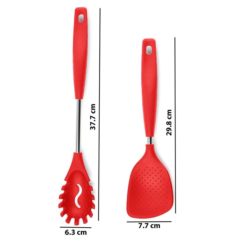 P Plus Fire Slotted Spoon - Rice Spoon - Spoon Fork - Rice Spatula - Pasta Server - Flatware Rice Scooper - Spagethi Server - Service Spoon - Silicone Noodle Spatula - Rice Punja (Set of 2, Red) - Image 2