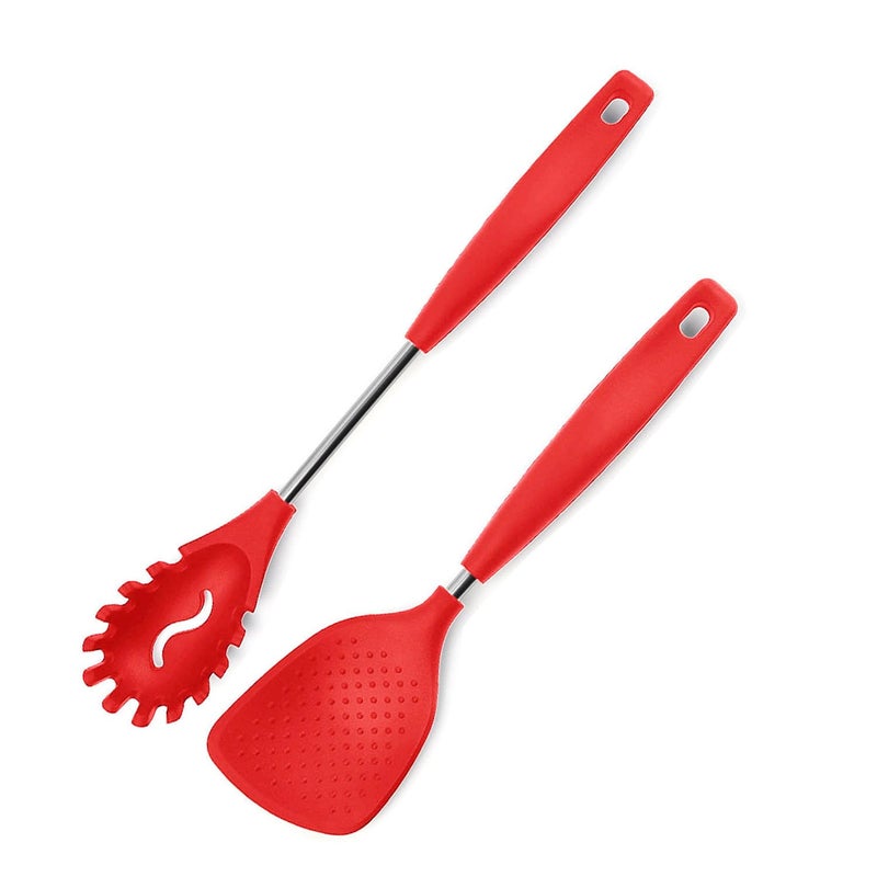 P Plus Fire Slotted Spoon - Rice Spoon - Spoon Fork - Rice Spatula - Pasta Server - Flatware Rice Scooper - Spagethi Server - Service Spoon - Silicone Noodle Spatula - Rice Punja (Set of 2, Red) - Image 1
