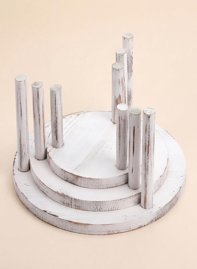 Elsjoy Set of 3 Wood Cake Display Stand, Round Wooden Dessert Riser, White Rustic Cupcake Stand for Dessert Table, Wedding, Party - Image 3