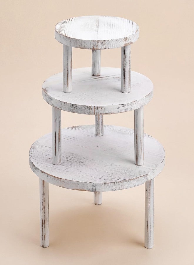 Elsjoy Set of 3 Wood Cake Display Stand, Round Wooden Dessert Riser, White Rustic Cupcake Stand for Dessert Table, Wedding, Party - Image 4