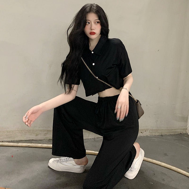 New Casual Fashion Suit Womens Summer Two-Piece Western Style Internet Celebrity Elegant Small Body-Slimming Wide-Leg Pants Black