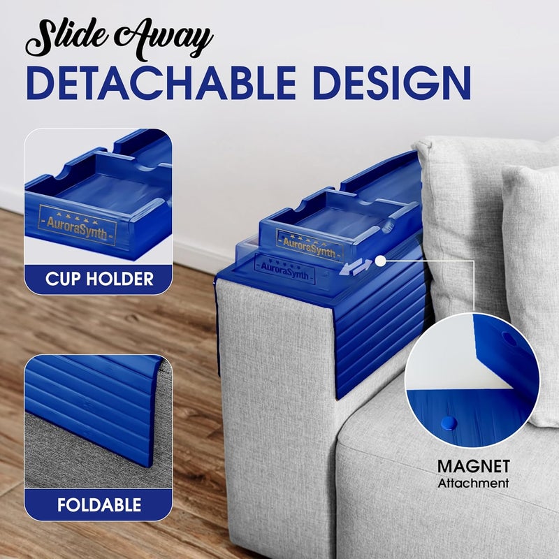AuroraSynth Couch Cup Holder with 2 Cork Coasters | Couch Caddy with Detachable Tray | Anti-Slip Foldable Armrest Sofa Tray, Anti-Spill Holder for Remote, Snacks, Cellphone - Ideal Gift (Blue) - Image 2