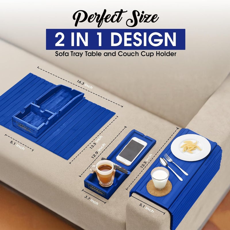 AuroraSynth Couch Cup Holder with 2 Cork Coasters | Couch Caddy with Detachable Tray | Anti-Slip Foldable Armrest Sofa Tray, Anti-Spill Holder for Remote, Snacks, Cellphone - Ideal Gift (Blue) - Image 3