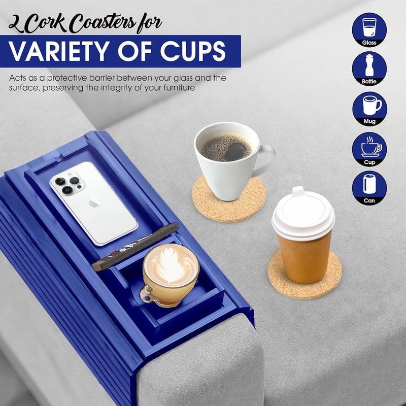 AuroraSynth Couch Cup Holder with 2 Cork Coasters | Couch Caddy with Detachable Tray | Anti-Slip Foldable Armrest Sofa Tray, Anti-Spill Holder for Remote, Snacks, Cellphone - Ideal Gift (Blue) - Image 4