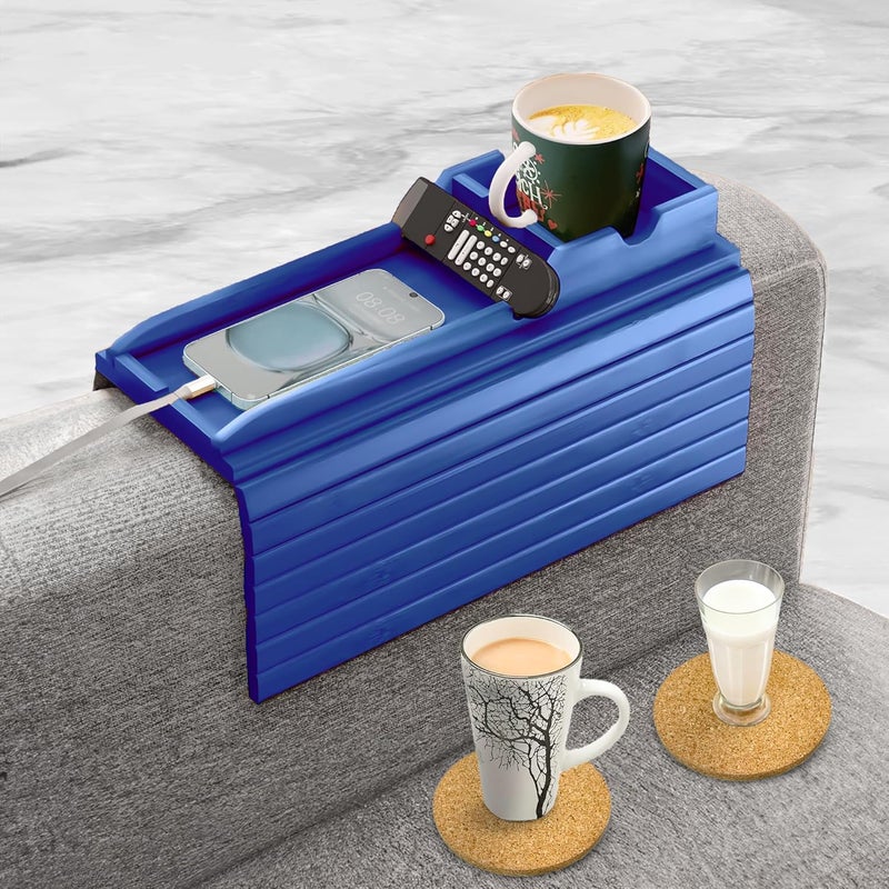 AuroraSynth Couch Cup Holder with 2 Cork Coasters | Couch Caddy with Detachable Tray | Anti-Slip Foldable Armrest Sofa Tray, Anti-Spill Holder for Remote, Snacks, Cellphone - Ideal Gift (Blue) - Image 1
