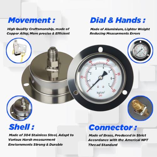 Ionix Bottom Entry Water Pressure Gauge 7 kg/cm² | 100 PSI | Stainless Steel Body | Brass Connector | Accurate Pressure Monitor for RO, Geyser & Water Pump - Image 3