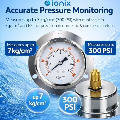 Ionix Bottom Entry Water Pressure Gauge 7 kg/cm² | 100 PSI | Stainless Steel Body | Brass Connector | Accurate Pressure Monitor for RO, Geyser & Water Pump - Image 5