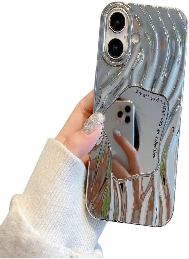 Next Next Store Case with Wave Mirror Cover Compatible with Iphone 12 Pro - Premium TPU Material - Waterproof and Integrated Makeup Mirror - Luxury Anti-Scratch Shockproof Electroplate Cover (Silver) 